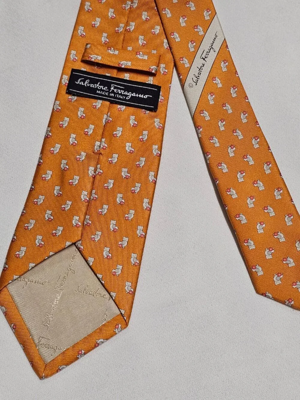 Salvatore Ferragamo Owl Print Men's Silk Tie Orange Background